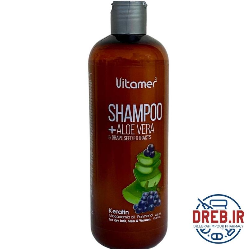 شامپو تقویت کننده و ترمیم کننده مو ویتامر حاوی آلوئه ورا و هسته انگور حجم 400 میلی لیتر _ Vitamer Aloe Vera Hiar Keratin Shampoo 400 Ml