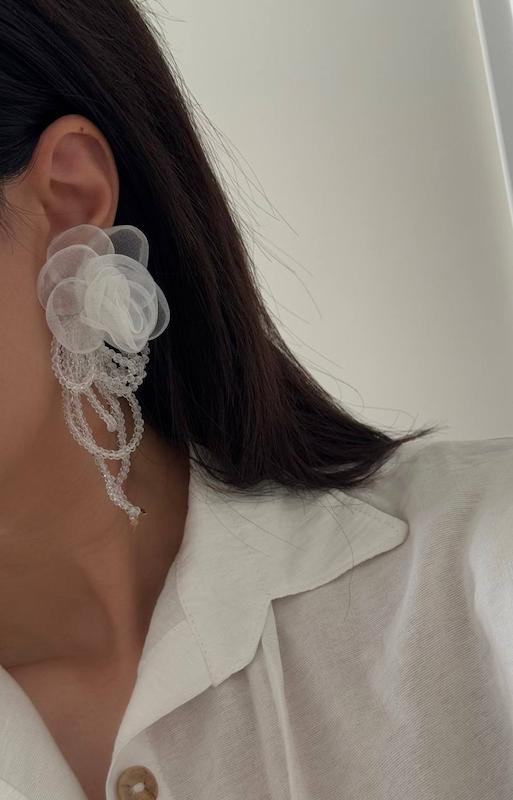 گوشواره گل آویز نگینی پاپیونی پارچه ای