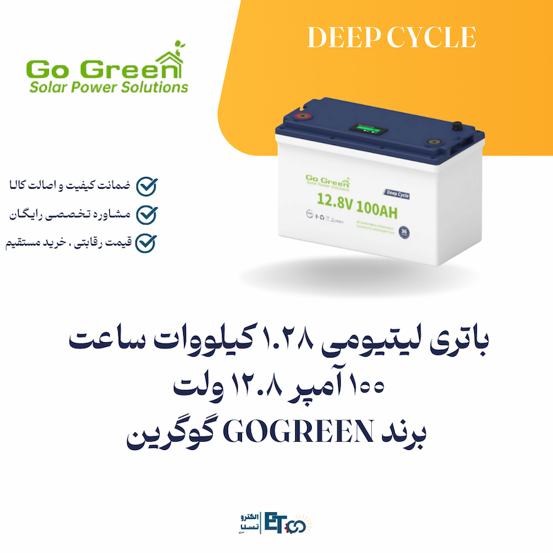 باتری لیتیومی 1.28 کیلووات ساعت  100 آمپر 12.8 ولت   برند GOGREEN گوگرین  | الکترو تسلا انرژی
