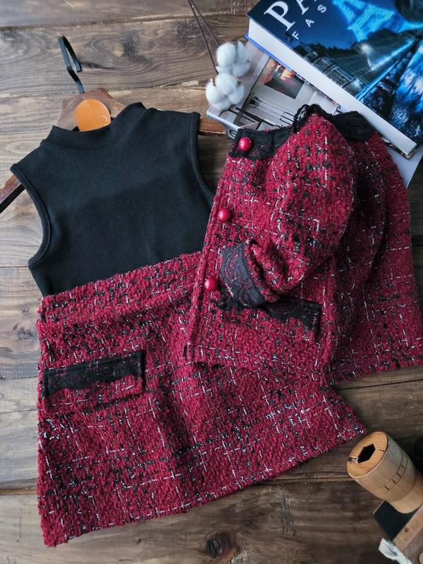 ۳ تیکه کت و دامن  شنل دوزی دخترانه مناسب ۲ تا ۸ سال