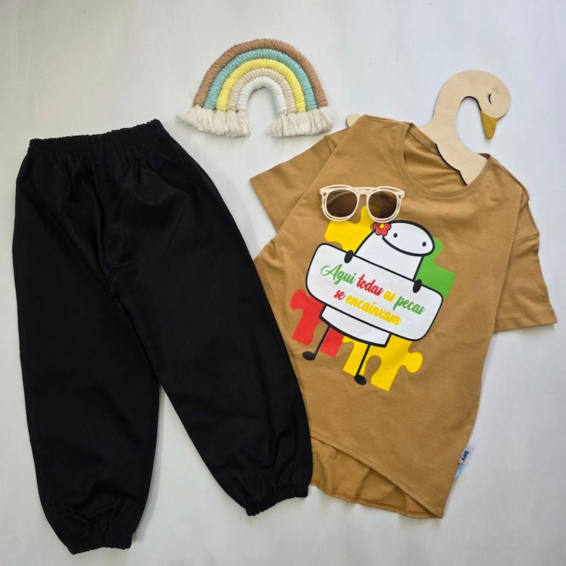 تیشرت و شلوارک کتان استیکر دخترانه