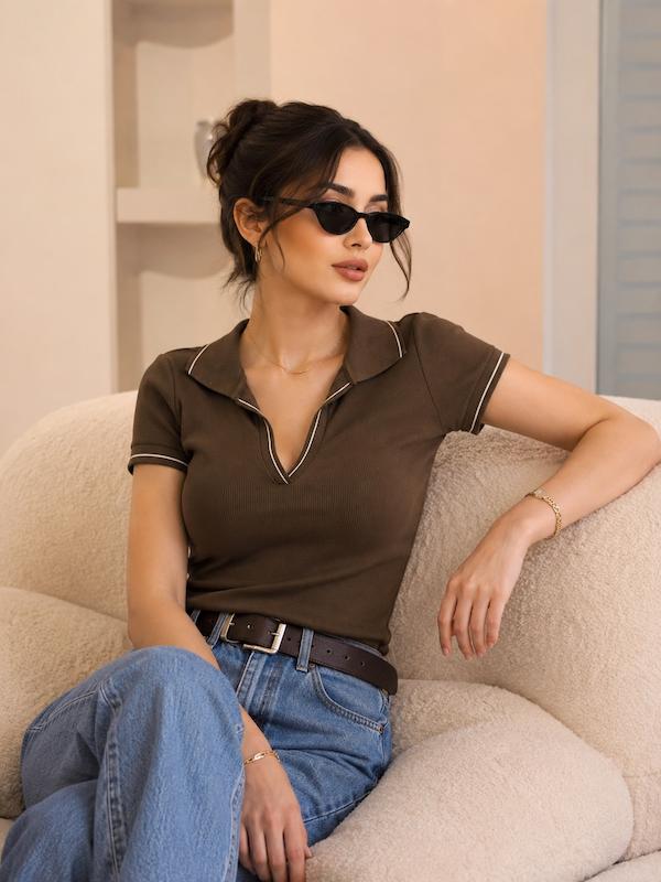 تیشرت یقه  دارجوگی(قهوه ای)