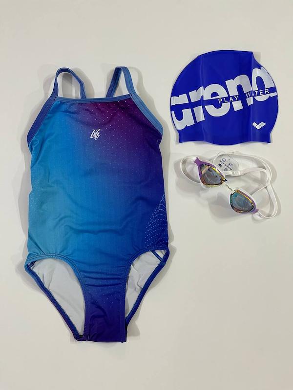 مایو دخترانه اسلیپ برند لایف LIFE طرح بهار آبی بنفش 