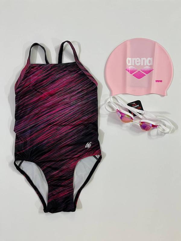 مایو دخترانه اسلیپ برند لایف LIFE طرح نمو مشکی قرمز بنفش