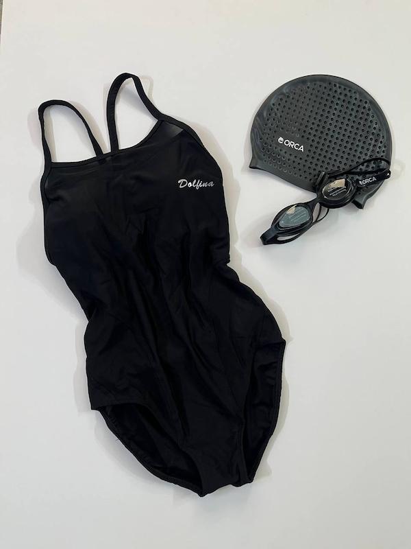 مایو زنانه قهرمانی برند دلفینا DOLFINA طرح مشکی توردار