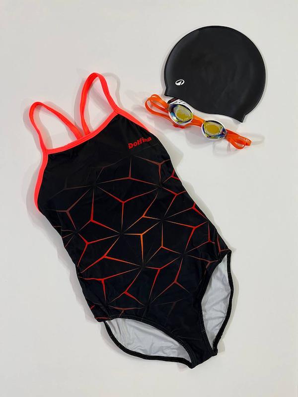 مایو اسلیپ پشت قهرمانی زنانه دلفینا طرح لوزی مشکی بند نارنجی DOLFINA