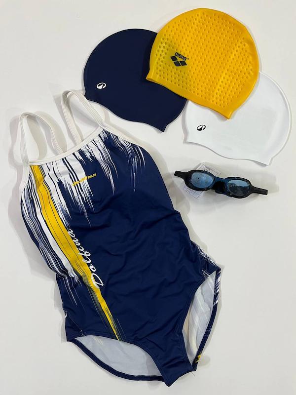 مایو اسلیپ پشت قهرمانی زنانه دلفینا طرح آبشاری سرمه ای زرد DOLFINA