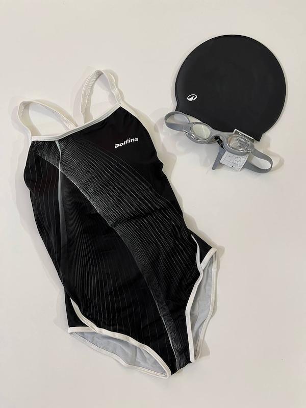 مایو اسلیپ پشت ضربدری زنانه دلفینا طرح هندسی مشکی بند سفید DOLFINA