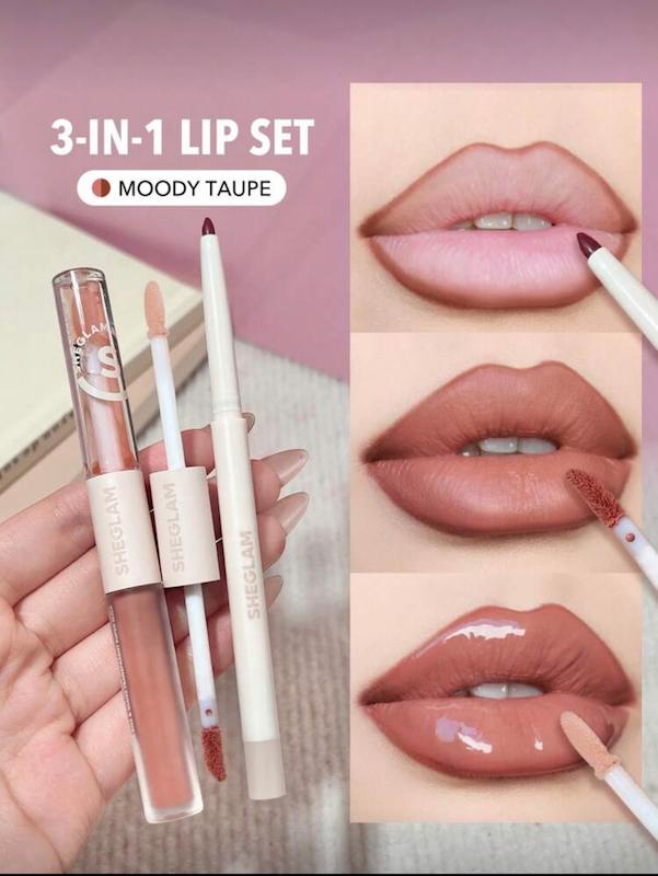 ست خط لب و رژ و لیپ گلاس شیگلم مدل Soft 90’s glam رنگ Moody Taupe