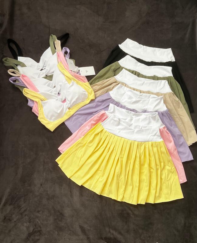 ست نیم تنه و دامن پلیسه ورزشی زنانه (6 رنگ) | مناسب تنیس، باشگاه و فیتنس