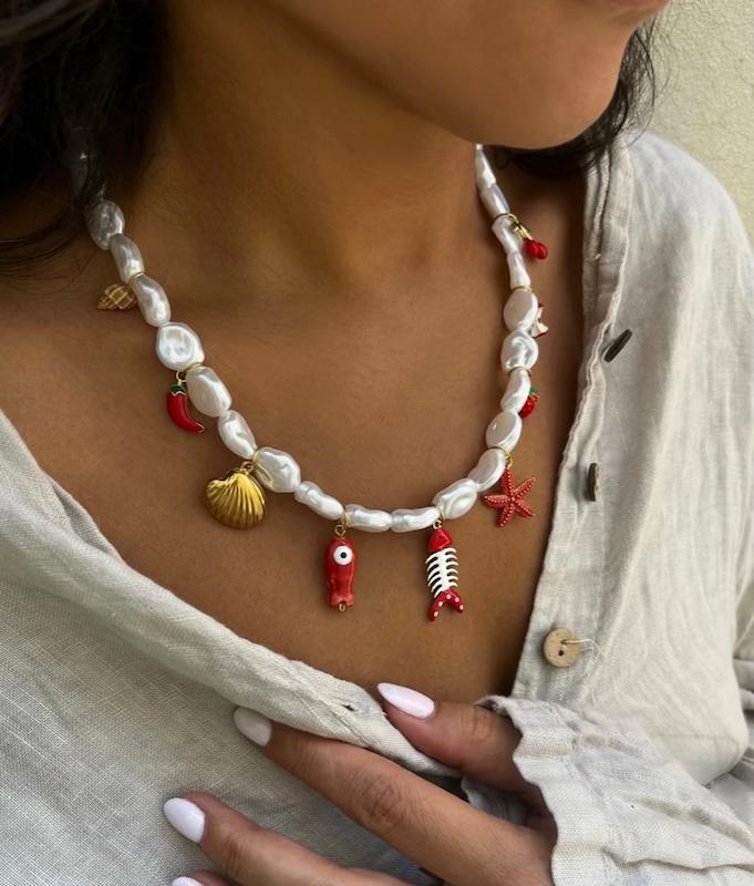 گردنبند مرواريدى آويز ماهى و گيلاس