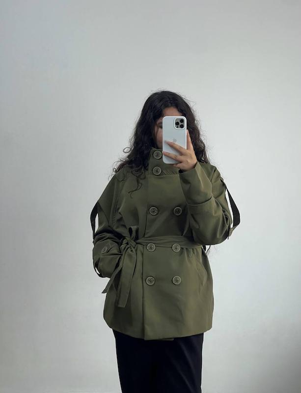 بارونی کوتاه طرح برشکا رنگ سبز زیتونی کد 102