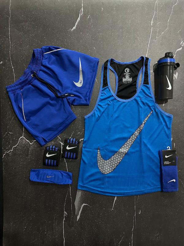 پکیج کد E1201 شامل رکابی + شلوارک + جوراب + شیکر + هدبند + مچ بند با تم آبی 💙👌