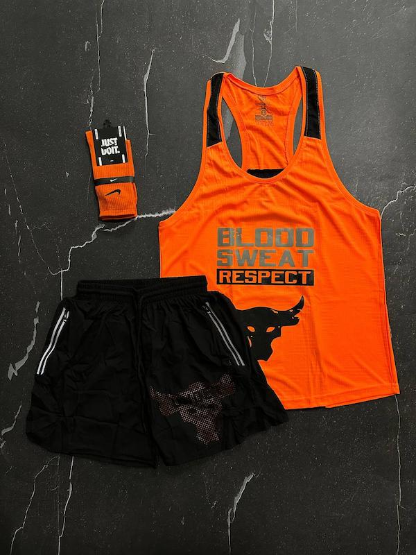 پکیج کد S1357 شامل رکابی + شلوارک + جوراب با تم نارنجی مشکی