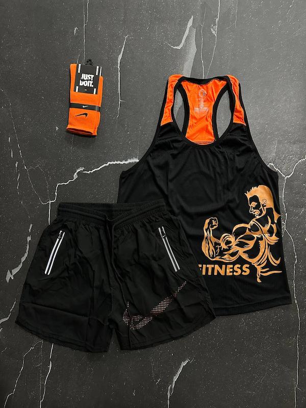 پکیج کد S1358 شامل رکابی + شلوارک + جوراب با تم مشکی نارنجی 