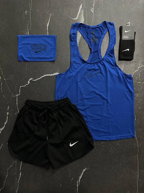 پکیج کد S1361 شامل رکابی + شلوارک + اسکارف + جوراب با تم آبی مشکی