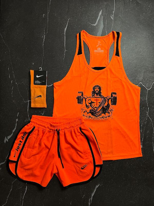 پکیج کد E1728 شامل رکابی + شلوارک + جوراب ساقدار با تم نارنجی مشکی 🖤🧡