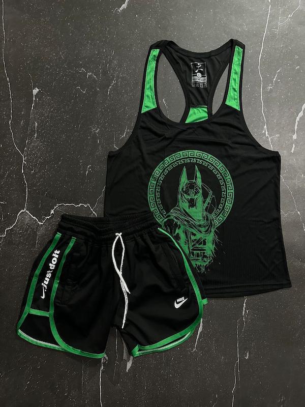 پکیج کد S2669 شامل رکابی + شلوارک با تم مشکی سبز