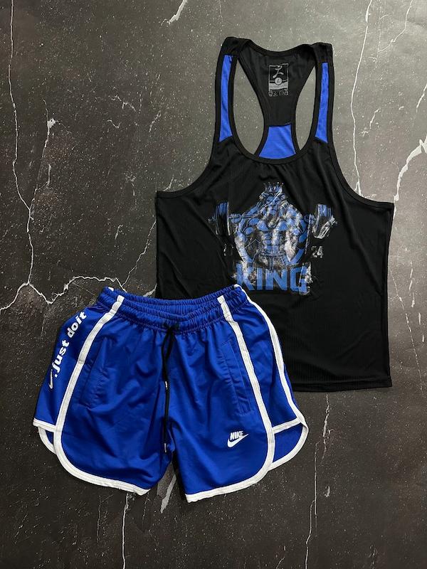 پکیج کد S2670 شامل رکابی + شلوارک با تم مشکی آبی