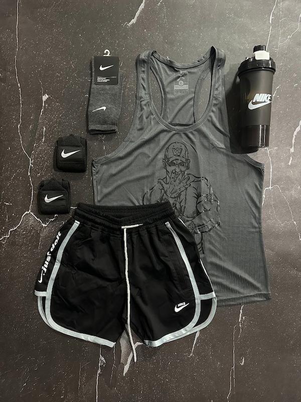 پکیج کد E1751 شامل رکابی + شلوارک + جوراب ساقدار + شیکر + مچ بند با تم طوسی مشکی 🖤🤍