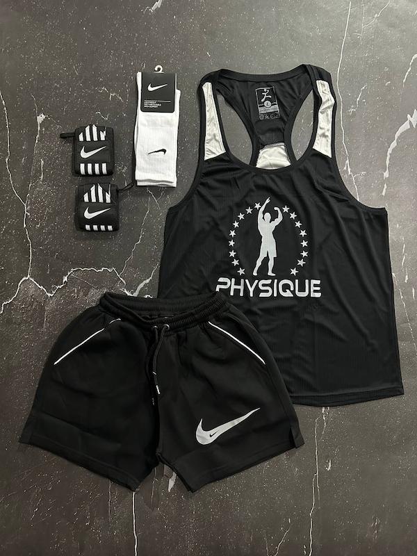 پکیج کد S2691 شامل رکابی + شلوارک + مچبند + جوراب با تم مشکی سفید