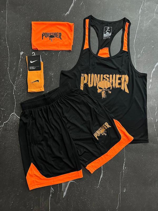 پکیج کد S2701 شامل رکابی + شلوارک + جوراب با تم مشکی نارنجی