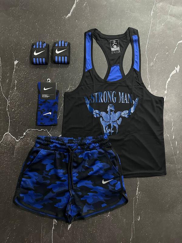 پکیج کد S2713 شامل رکابی + شلوارک + مچبند + جوراب با تم مشکی آبی