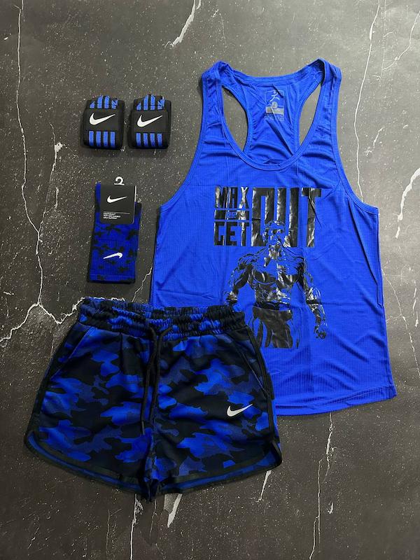 پکیج کد S2714 شامل رکابی + شلوارک + مچبند + جوراب با تم آبی