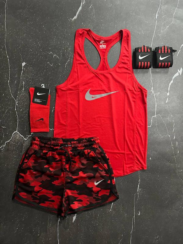 پکیج کد S2715 شامل رکابی + شلوارک + مچبند + جوراب با تم قرمز