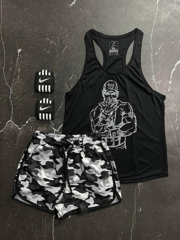 پکیج کد S2716 شامل رکابی + شلوارک + مچبند با تم مشکی سفید