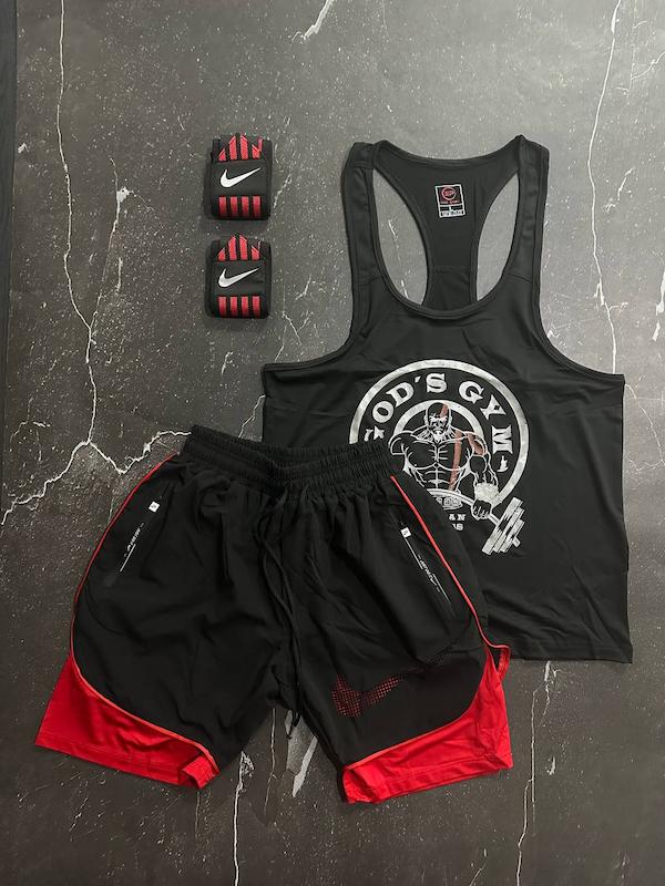 پکیج کد S2727 شامل رکابی + شلوارک + مچبند با تم مشکی قرمز