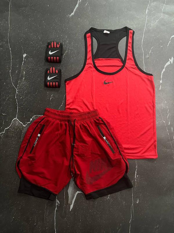 پکیج کد S2728 شامل رکابی + شلوارک + مچبند با تم قرمز مشکی