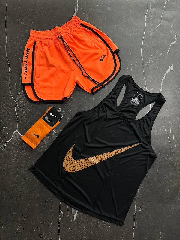 پکیج کد S2739 شامل رکابی + شلوارک + جوراب با تم مشکی نارنجی