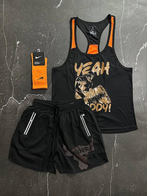 پکیج کد S2740 شامل رکابی + شلوارک + جوراب با تم مشکی نارنجی