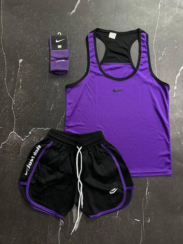 پکیج کد S2741 شامل رکابی + شلوارک + جوراب با تم بنفش مشکی