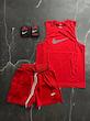 پکیج کد S2745 شامل رکابی حلقه ای + شلوارک + مچبند با تم قرمز