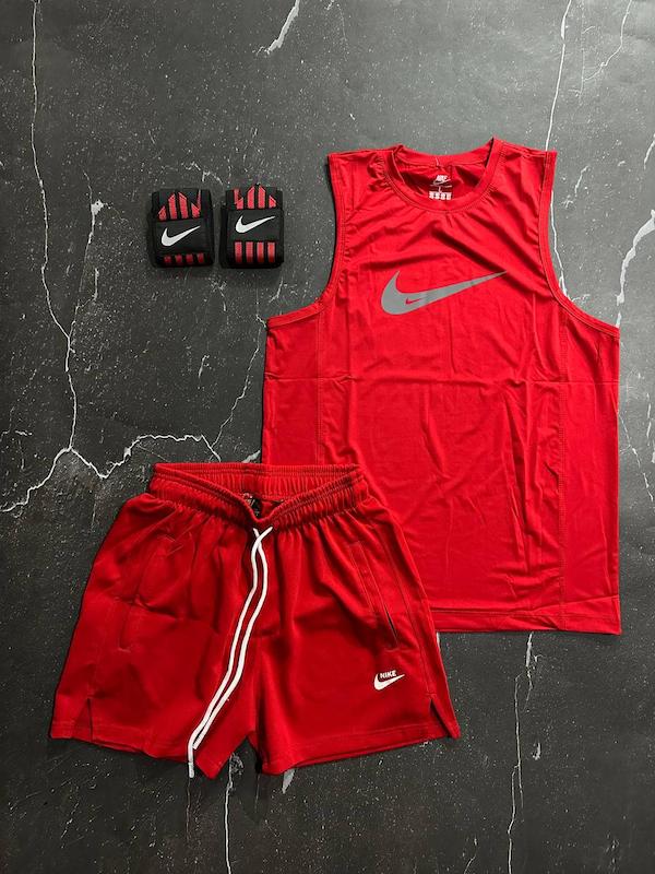 پکیج کد S2745 شامل رکابی حلقه ای + شلوارک + مچبند با تم قرمز