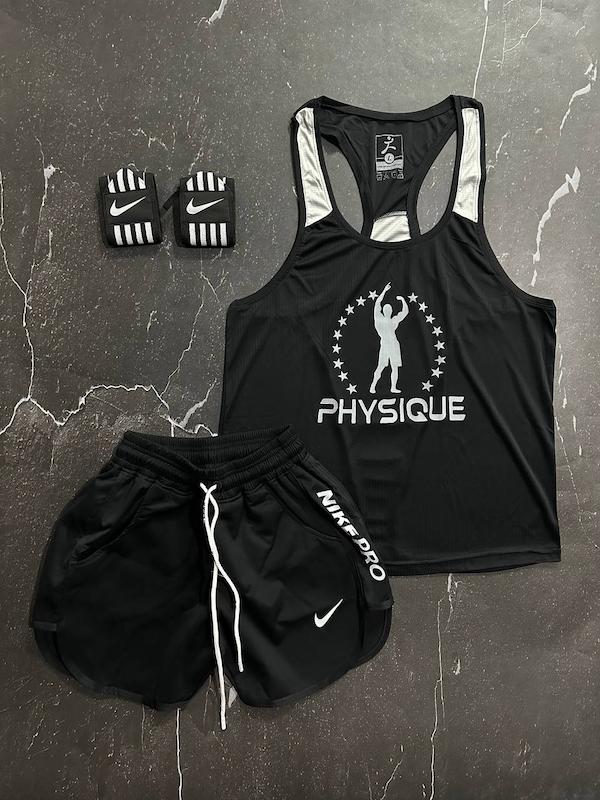 پکیج کد S2747 شامل رکابی + شلوارک + مچبند با تم مشکی سفید