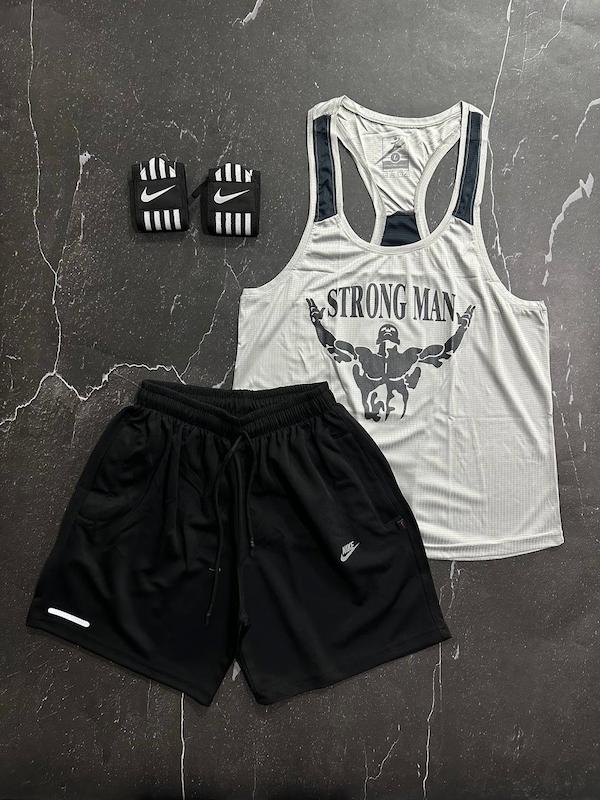 پکیج کد S2748 شامل رکابی + شلوارک + مچبند با تم طوسی مشکی