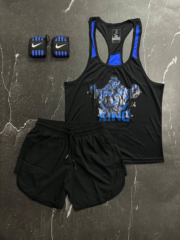 پکیج کد S2749 شامل رکابی + شلوارک + مچبند با تم مشکی آبی