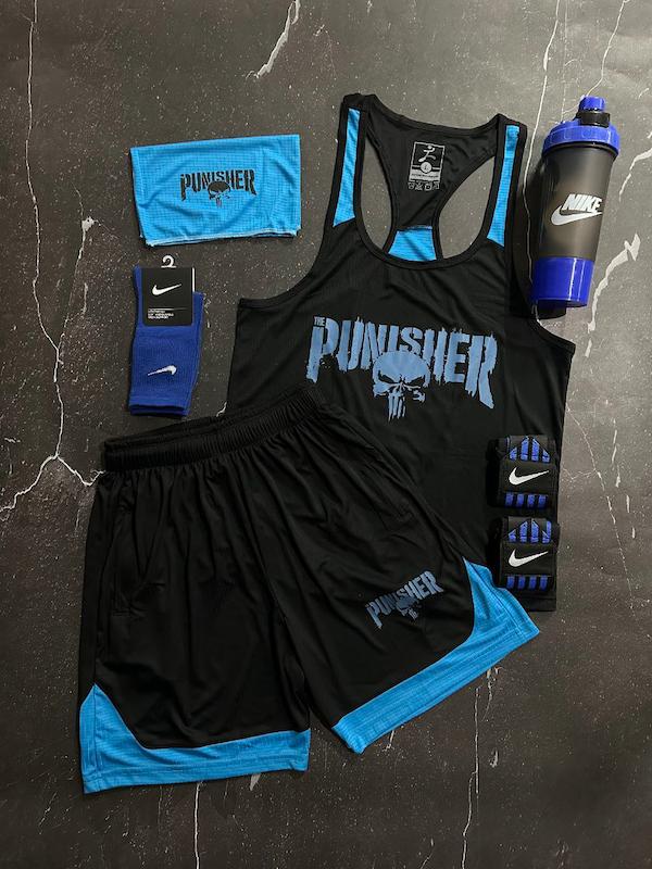 پکیج کد E1767 شامل رکابی قهرمانی + شلوارک + اسکارف + شیکر دوتیکه + مچ بند چسب نانو + جوراب ساقدار با تم آبی مشکی 💙🖤