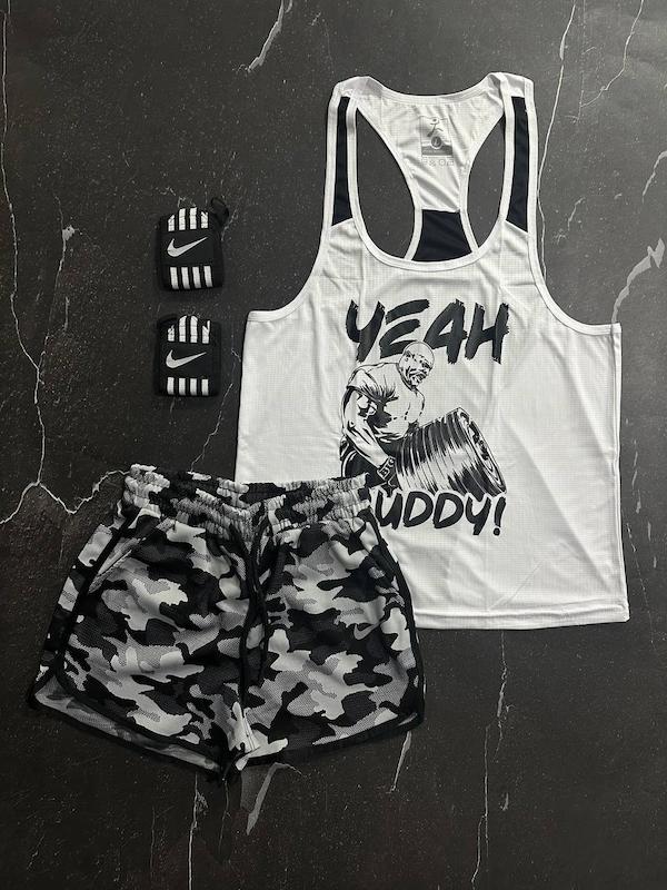 پکیج کد S2753 شامل رکابی + شلوارک + مچبند با تم سفید مشکی