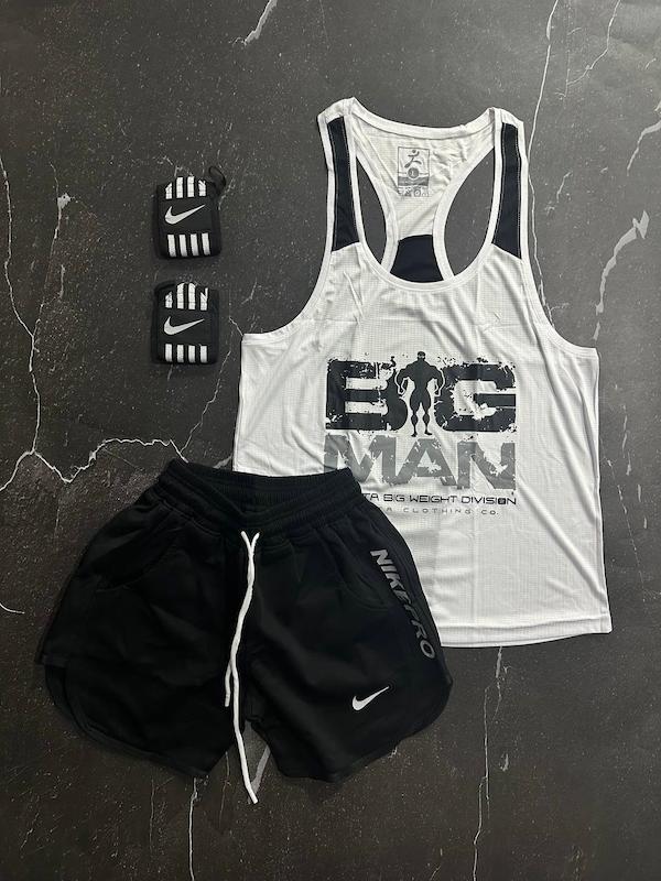 پکیج کد S2754 شامل رکابی + شلوارک + مچبند با تم سفید مشکی