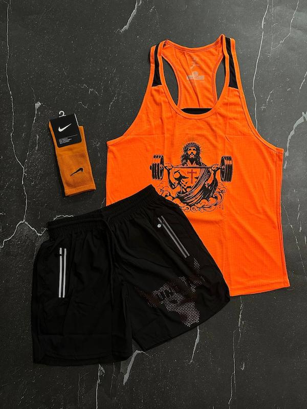 پکیج کد S2755 شامل رکابی + شلوارک + جوراب با تم نارنجی مشکی