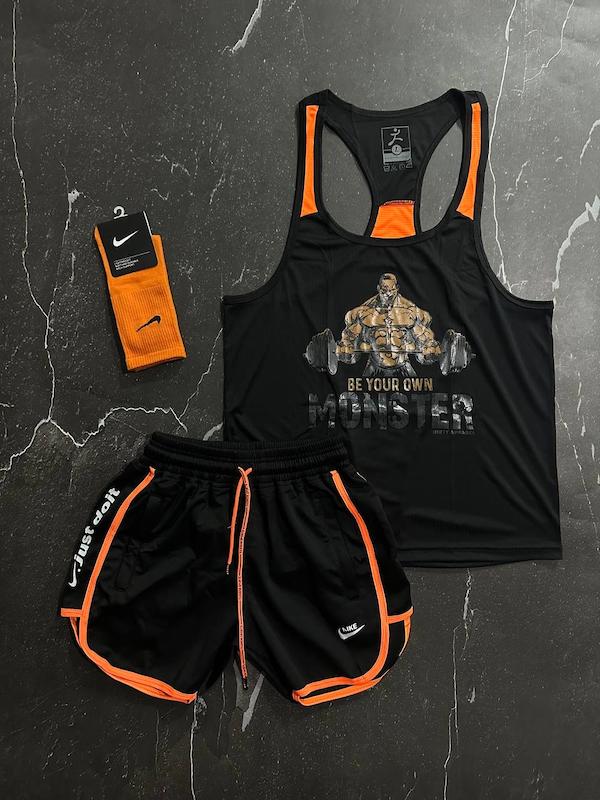 پکیج کد S2757 شامل رکابی + شلوارک + جوراب با تم مشکی نارنجی