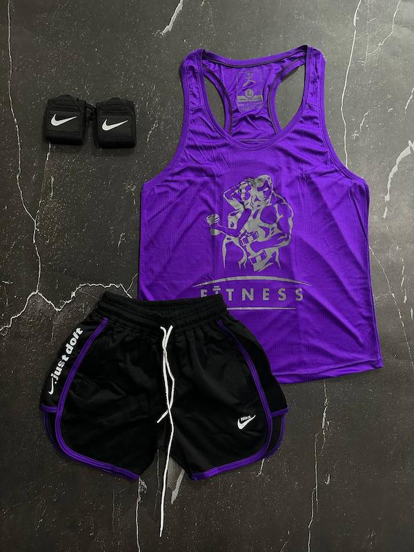 پکیج کد S2758 شامل رکابی + شلوارک + مچبند با تم بنفش 