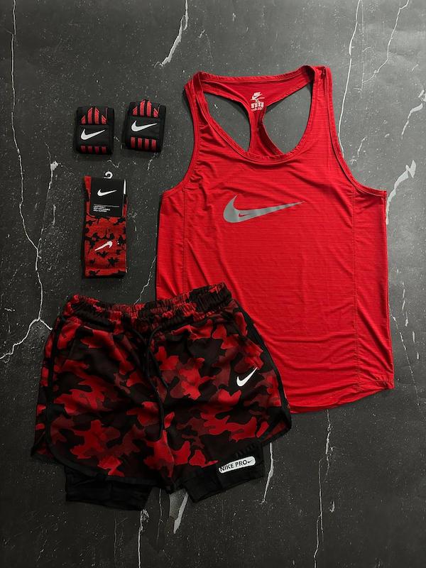 پکیج کد S2762 شامل رکابی + شلوارک کشاله دار + جوراب + مچبند با تم قرمز