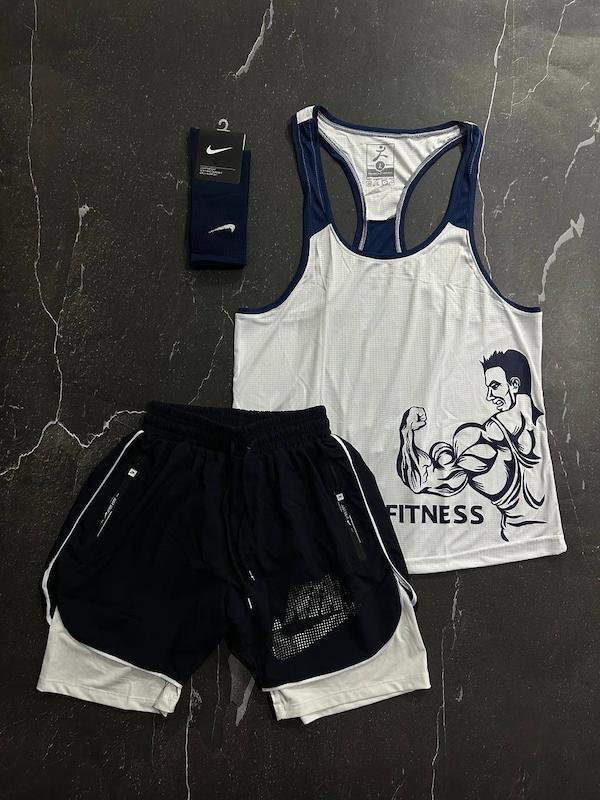 پکیج کد S2765 شامل رکابی + شلوارک کشاله دار + جوراب با تم سفید سرمه ای