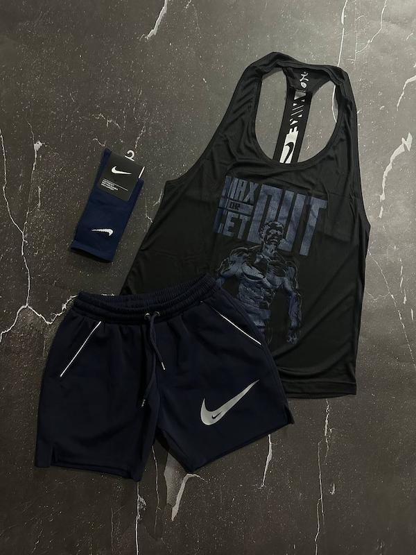 پکیج کد S2766 شامل رکابی پشتکش+ شلوارک + جوراب با تم مشکی سرمه ای