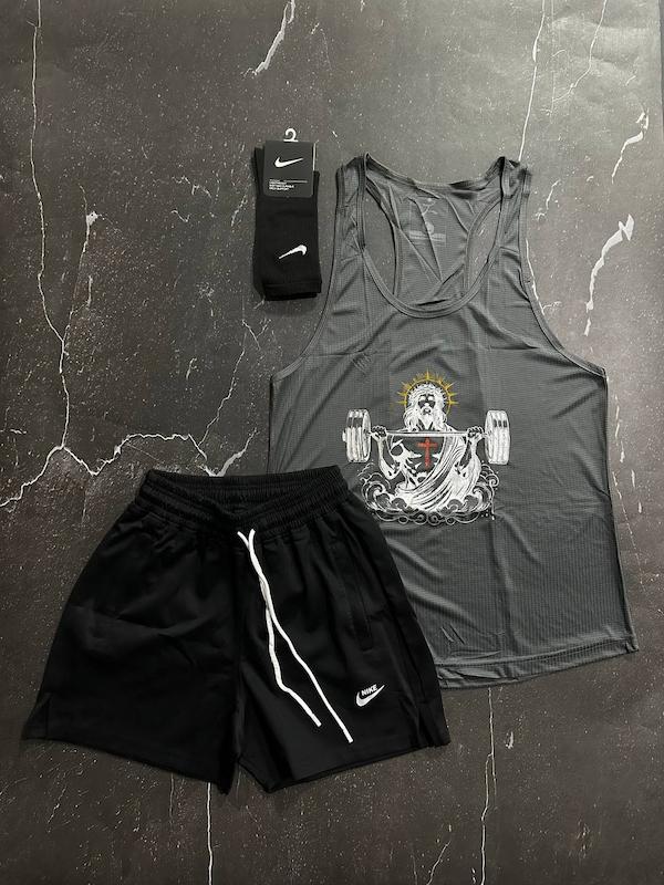 پکیج کد S2771 شامل رکابی+ شلوارک + جوراب با تم طوسی مشکی